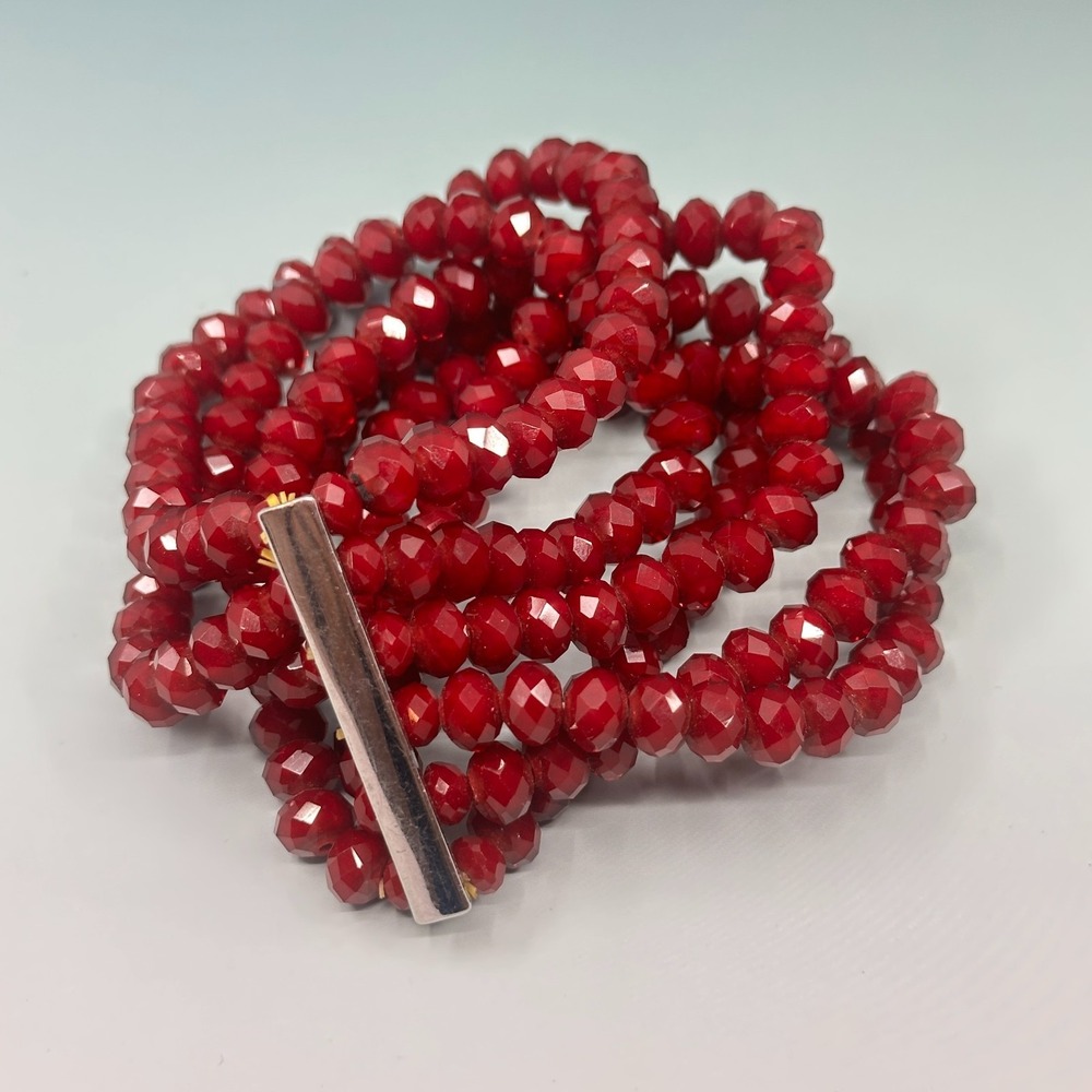 Red Faceted Bead Multi Strand Bracelet Silver Tone Statement Holiday Glam Gift